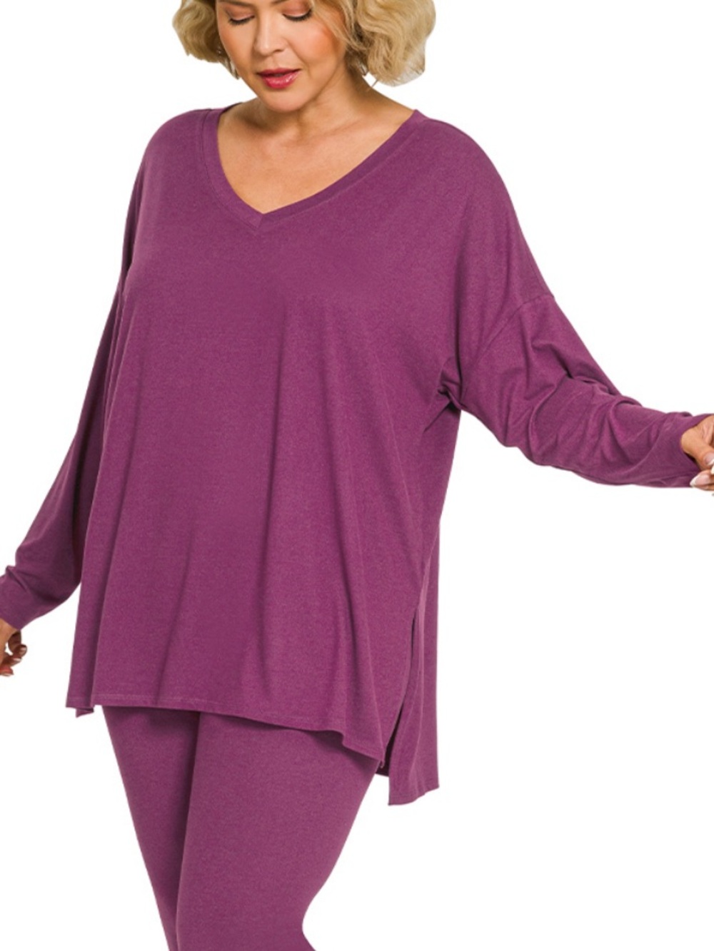 New!Plus Size Plum V-Neck Loungeset Top & Leggings - Size 1X - Picture 3 of 4